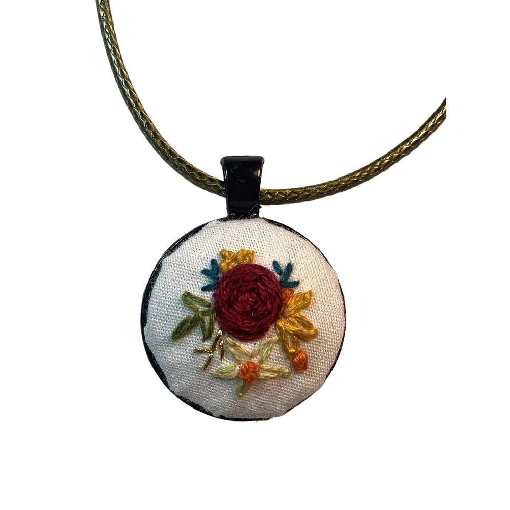 Fall Flowers Necklace Embroidery ~ maroon rose ~ in black 1" bezel